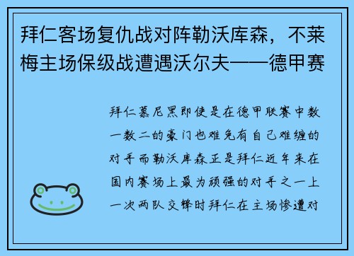 拜仁客场复仇战对阵勒沃库森，不莱梅主场保级战遭遇沃尔夫——德甲赛季关键之战