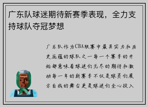 广东队球迷期待新赛季表现，全力支持球队夺冠梦想