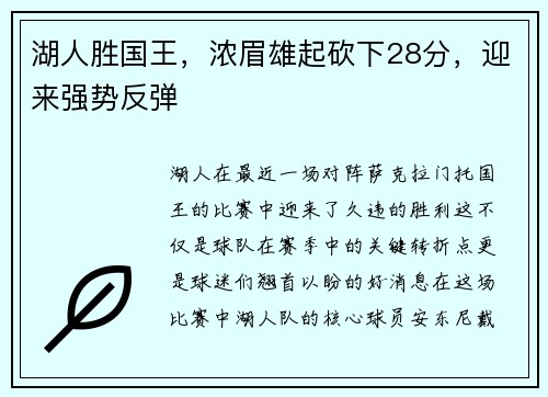 湖人胜国王，浓眉雄起砍下28分，迎来强势反弹