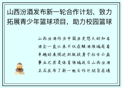 山西汾酒发布新一轮合作计划，致力拓展青少年篮球项目，助力校园篮球发展