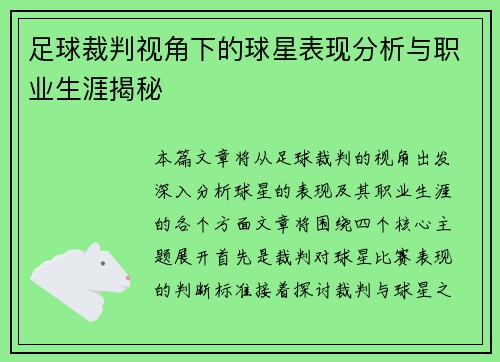 足球裁判视角下的球星表现分析与职业生涯揭秘